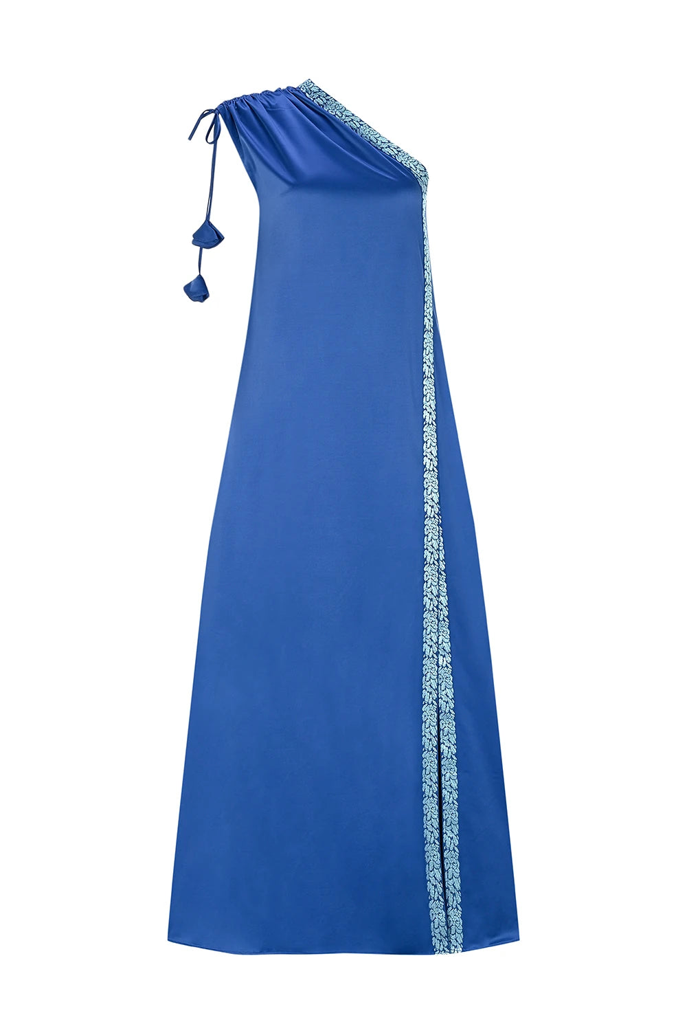 ESMIRA %100 Pamuk Elbise - Mavi | ESMIRA elbise, %100 pamuk dokusuyla ferahlık sunar. Asimetrik yaka ve tek omuz detayı ile modern. Gündüzden akşama zamansız şıklık.