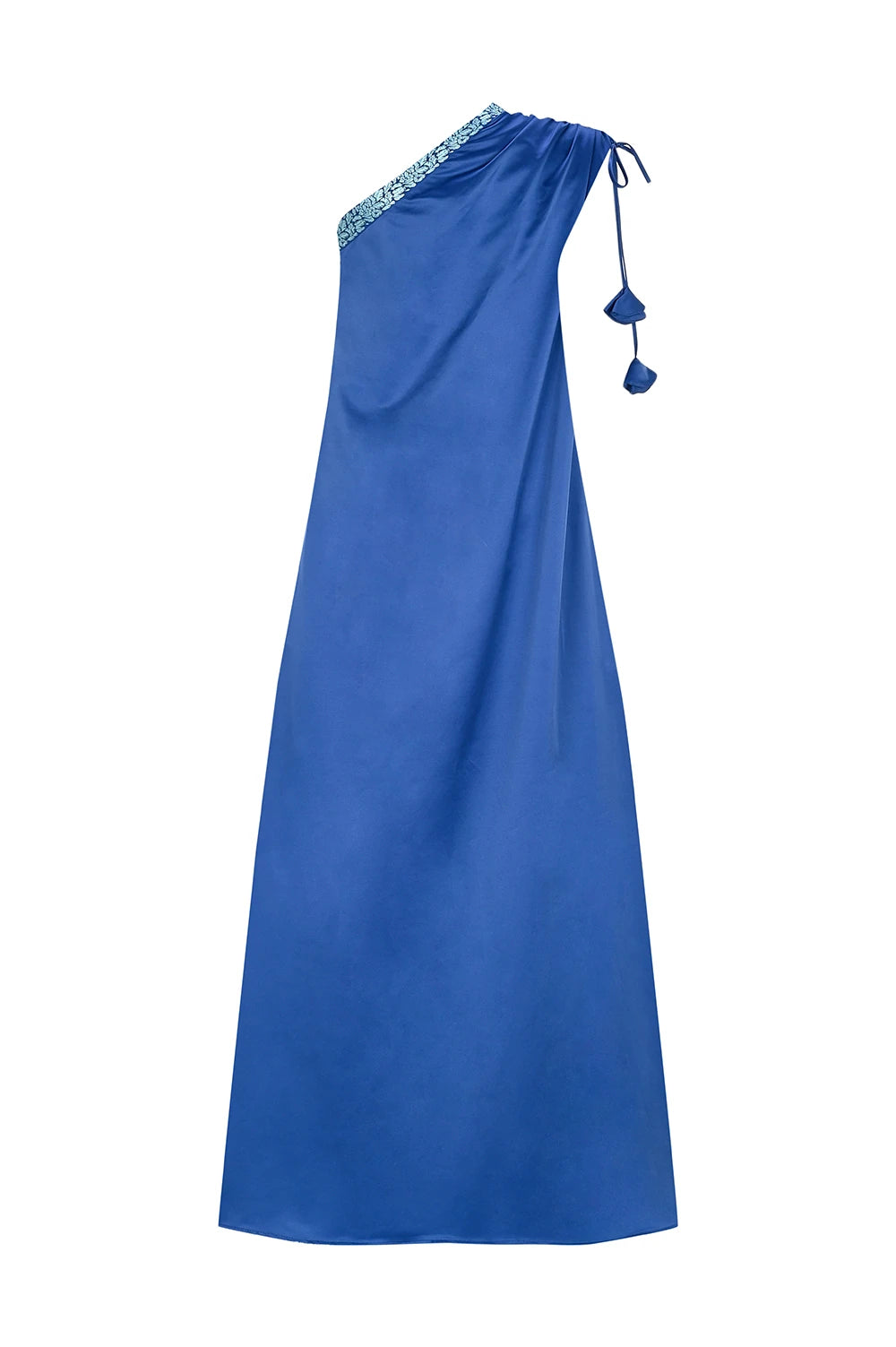 ESMIRA %100 Pamuk Elbise - Mavi | ESMIRA elbise, %100 pamuk dokusuyla ferahlık sunar. Asimetrik yaka ve tek omuz detayı ile modern. Gündüzden akşama zamansız şıklık.