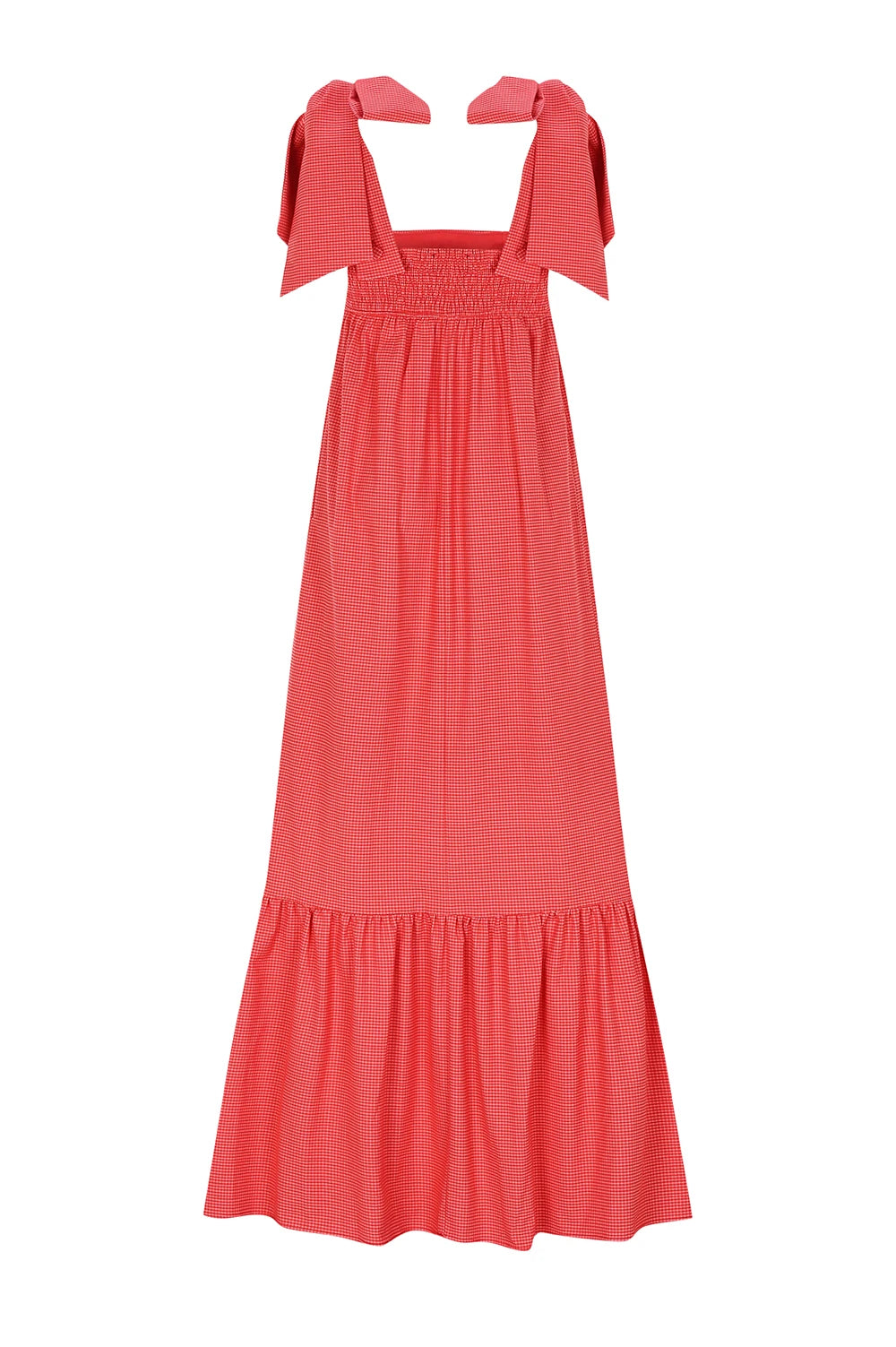 VELORIA %100 Pamuk Elbise - Kırmızı | %100 pamuk VELORIA elbise, pötikare dokusu ve çıkarılabilir askılarıyla yaz günlerinin vazgeçilmezi. Uzun formuyla ferah ve esnek giyim sunar.