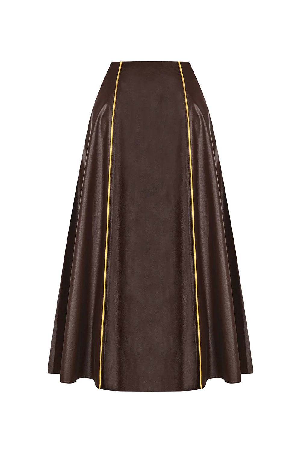 VESERA Etek - Kahverengi | Pamuk ağırlıklı deri dokulu VESERA Etek, sarı biye detayıyla yaz şıklığını sunar. Rahat kesimiyle gün boyu ferahlık ve zarif bir siluet sağlar.