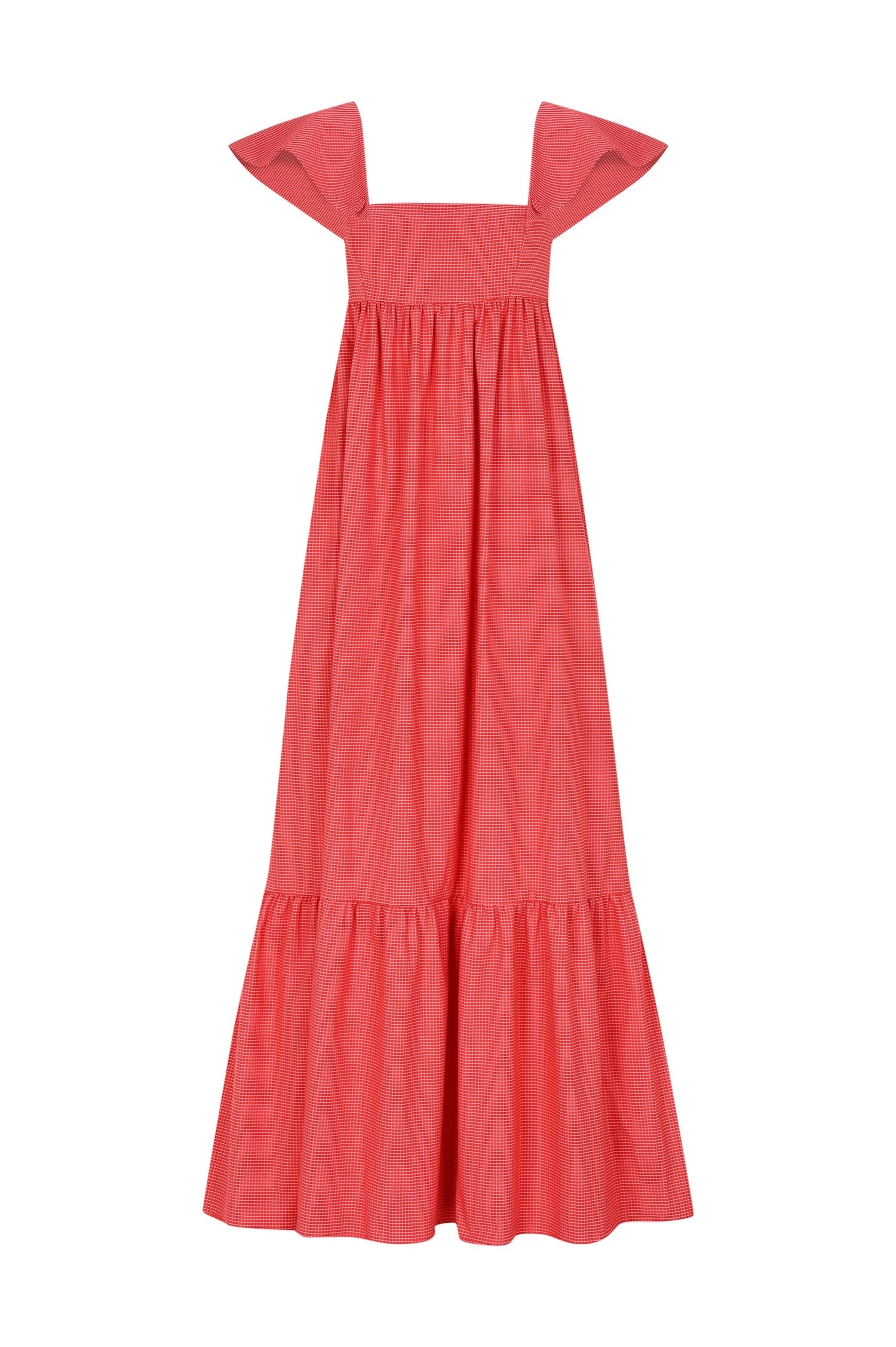 VELORIA %100 Pamuk Elbise - Kırmızı | %100 pamuk VELORIA elbise, pötikare dokusu ve çıkarılabilir askılarıyla yaz günlerinin vazgeçilmezi. Uzun formuyla ferah ve esnek giyim sunar.