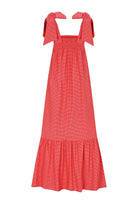 VELORIA %100 Pamuk Elbise - Kırmızı | %100 pamuk VELORIA elbise, pötikare dokusu ve çıkarılabilir askılarıyla yaz günlerinin vazgeçilmezi. Uzun formuyla ferah ve esnek giyim sunar.