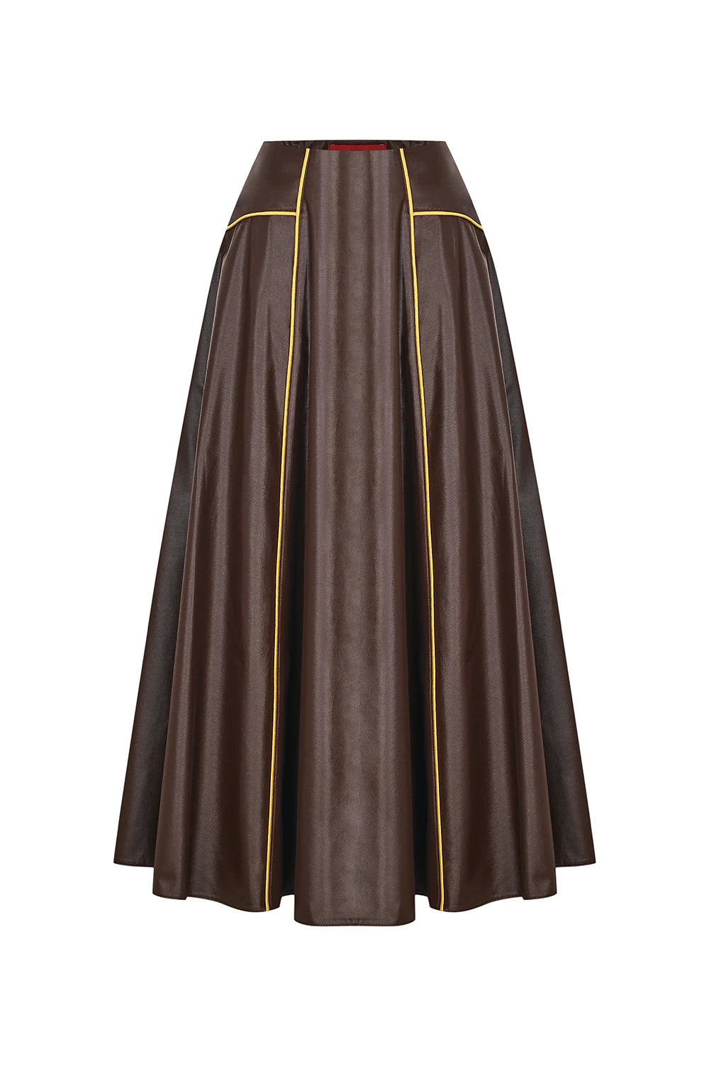 VESERA Etek - Kahverengi | Pamuk ağırlıklı deri dokulu VESERA Etek, sarı biye detayıyla yaz şıklığını sunar. Rahat kesimiyle gün boyu ferahlık ve zarif bir siluet sağlar.